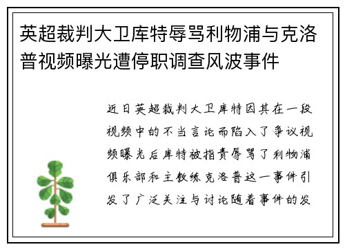 英超裁判大卫库特辱骂利物浦与克洛普视频曝光遭停职调查风波事件 英超裁判大卫库特辱骂利物浦与克洛普视频曝光遭停职调查风波事件